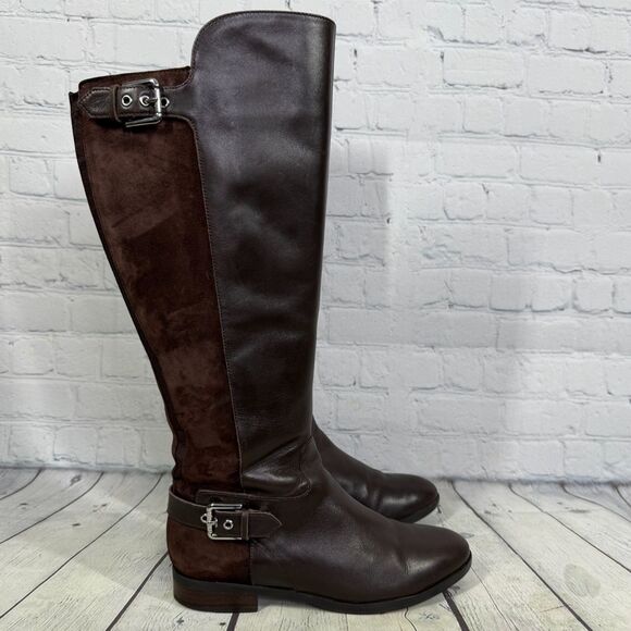 Marc Fisher Riding Boots Women Size 8 Brown Solid Leather Knee High Equestrian - Picture 1 of 16